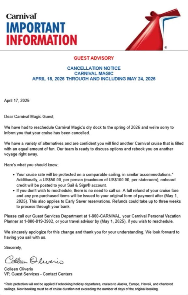 Email từ Carnival Cruise Line được chia sẻ trên Reddit mà CarnivalCruiseFans bởi khách bị ảnh hưởng
