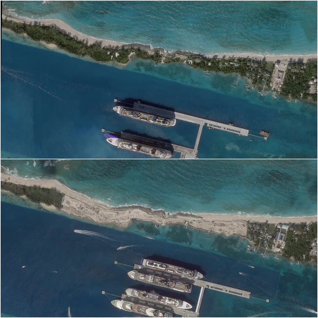 Hình ảnh vệ tinh cho thấy Royal Beach Club của Royal Caribbean vào năm 2022 và 2025.
